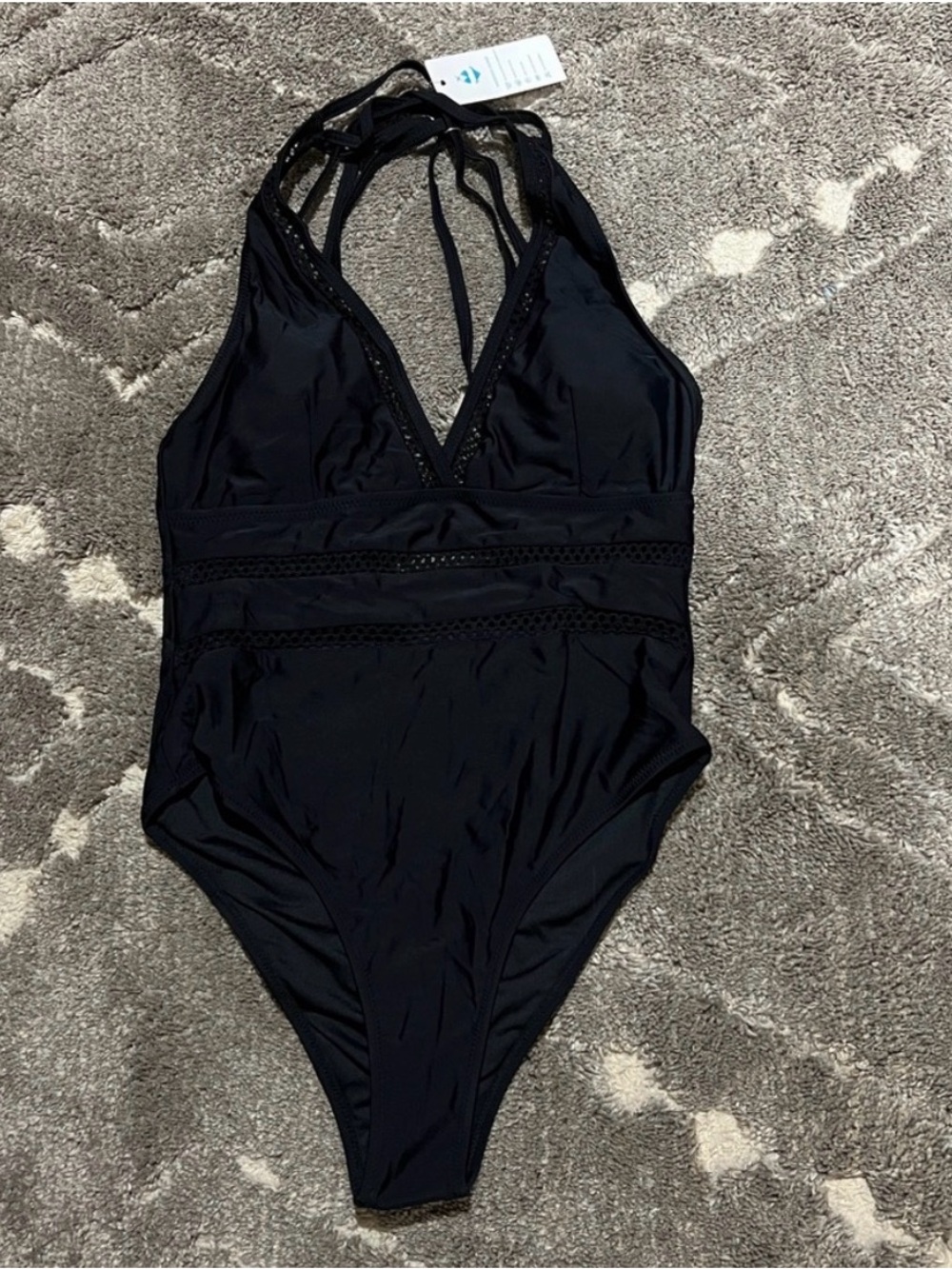 Black One-Piece Halter Swimsuit with Lace Trim